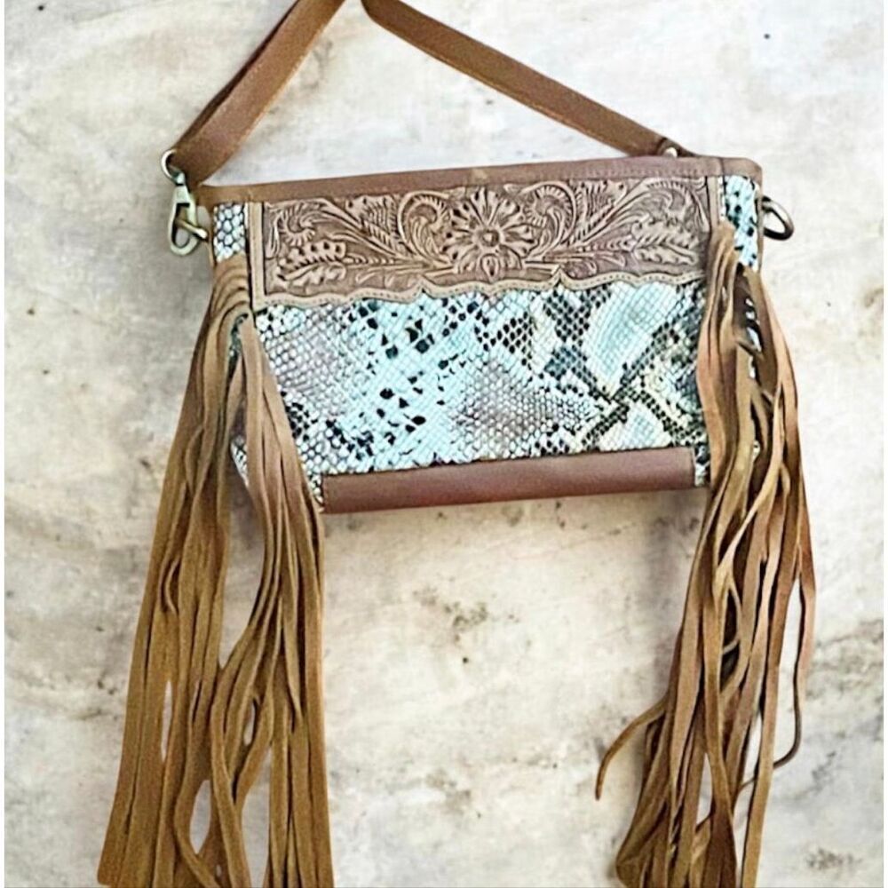 Shyanne Tooled Leather Fringe Snakeskin Crossbody Bag